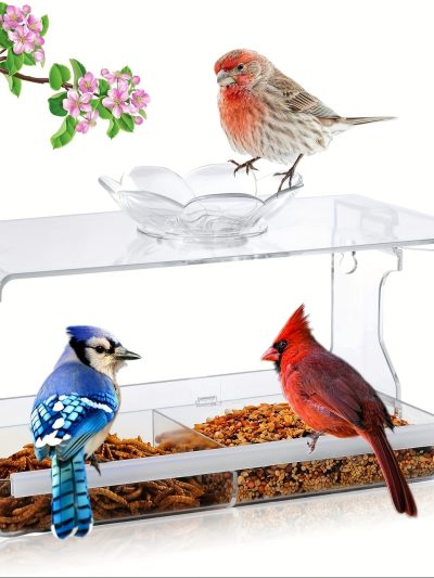Window Bird Feeder with Non-Marking Self-Adhesive Hooks, Clear Window Bird Feeder for Outside, Transparent Bird House, Outdoor Bird Feeders, Wild Bird Watching Gift, Garden Decor
