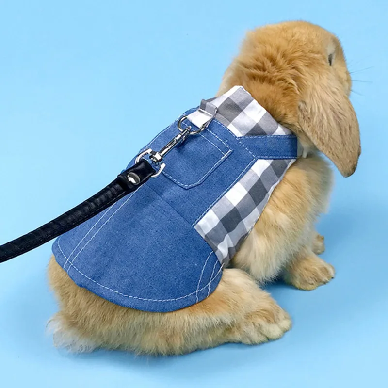 Rabbit Clothes Denim Jacket Coat Pet Small Animal Harness Leash Vest Bag Hat Set for Ferret Bunny Hamster Small Pet Supplies - Image 2