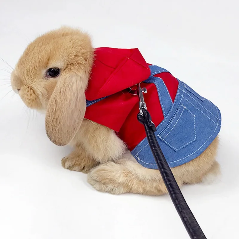 Rabbit Clothes Denim Jacket Coat Pet Small Animal Harness Leash Vest Bag Hat Set for Ferret Bunny Hamster Small Pet Supplies - Image 13