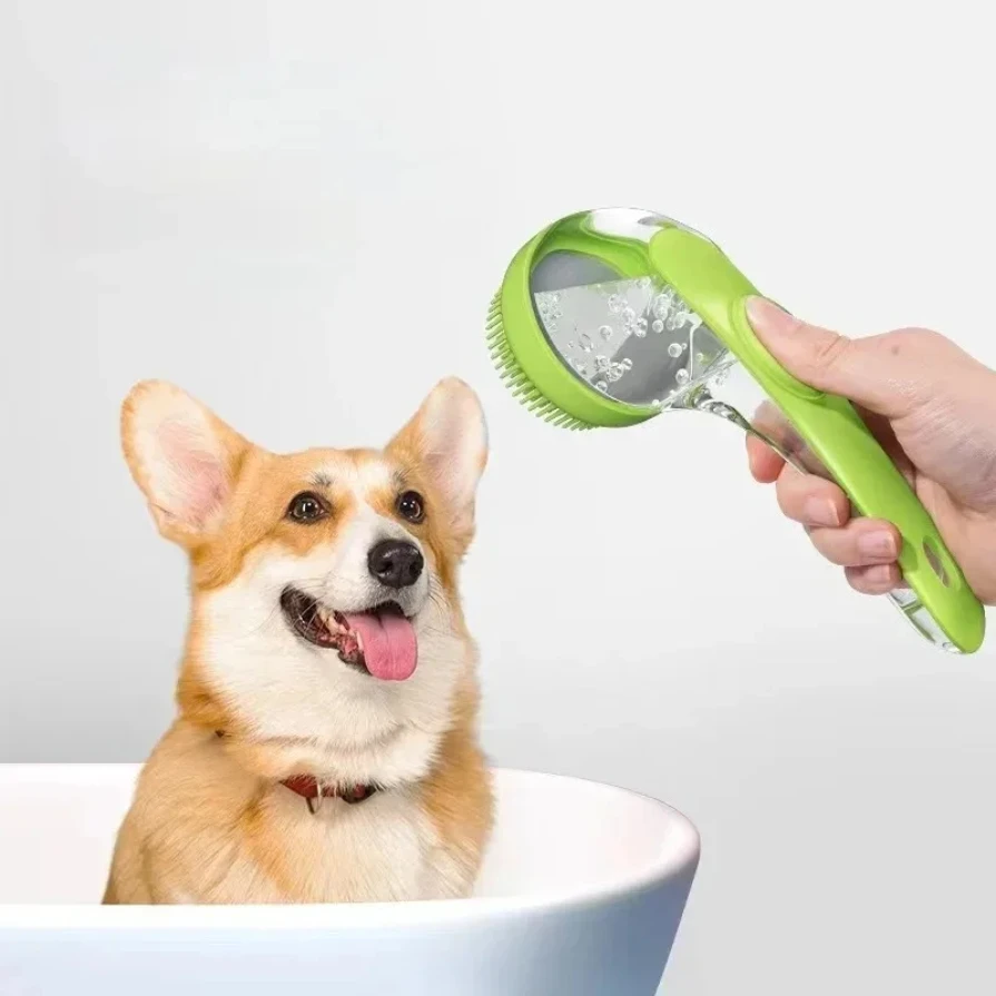 Long Handle Pet Bath Brush 2 in 1 with Built in Shampoo Dispenser for Dogs Cats Grooming Massage Reduce Residue Silicone Pet Bru