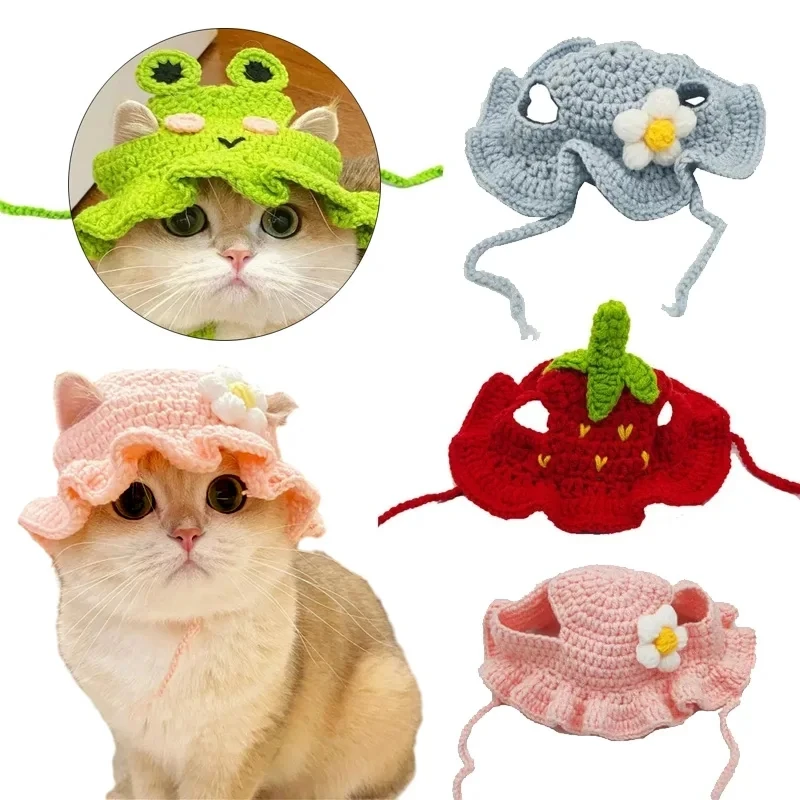 Hand-made Cat Hat Elastic Woven Cap Pet Hat Puppy Kitten Headwear Knitted Hat Party Photo Shoot Props Decoration Cat Accessories - Image 11