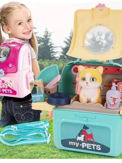 Pet Care Play Set Doctor Kit for Kids, Doctor Pretend Play Vet Dog Grooming Toys Puppy Dog Carrier Feeding Dog Backpack