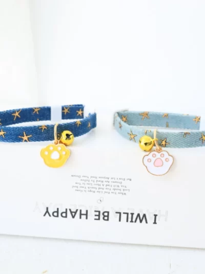 pet collar with bells and safety buckles, cute denim punk style accessories, suitable for cats and dogs