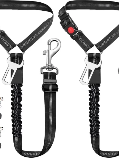 2 in 1 Adjustable Pet Car Safety Belt Elastic Tether, Heavy Duty Seat Belt Harness for Dogs Cats, Universal Car Truck Leash Clip