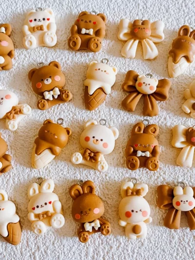 10pcs Kawaii White Brown Bear Rabbit Resin Charms For Jewelry Making Handmade Craft DIY  Accessories Keychain Pendants Supplies