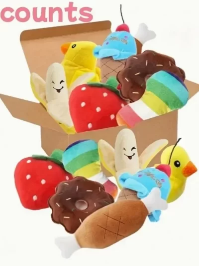 A 7-piece set of puppy sound toys, loose plush pet chewing, plush fruit snacks and vegetable puppy toys, suitable for cute playm