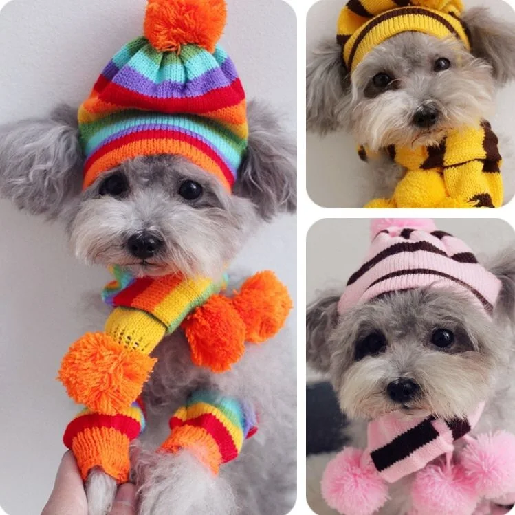 Winter Pet Puppy Accessories For Dogs Knitted Striped Hats Scarf Socks Little Small Big Animals Yorkshire Chihuahua Cat Products - Image 10