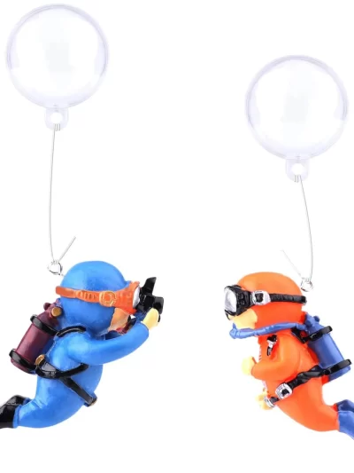 2 Pack Fish Tank Decorations, Cute Little Diver Ornament Floating Aquarium Accessories (Orange, Blue)
