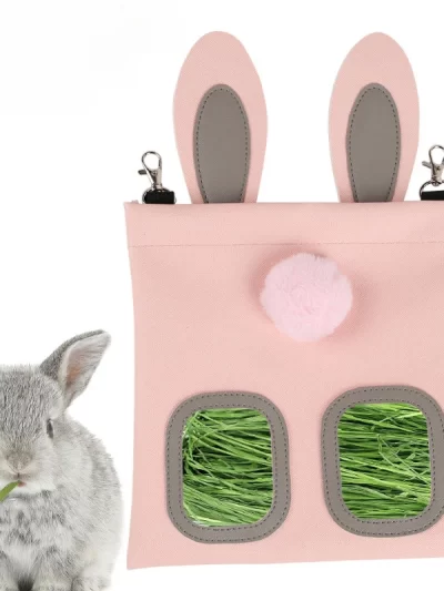 Rabbit Hay Feeder Bag - Adjustable Chew-Proof Foraging Pouch for Bunny/Chinchilla/Hamster Cages Hanging Hay Dispenser with Clips