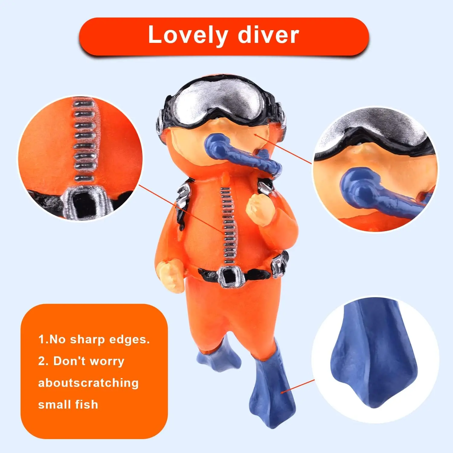 2 Pack Fish Tank Decorations, Cute Little Diver Ornament Floating Aquarium Accessories (Orange, Blue) - Image 2
