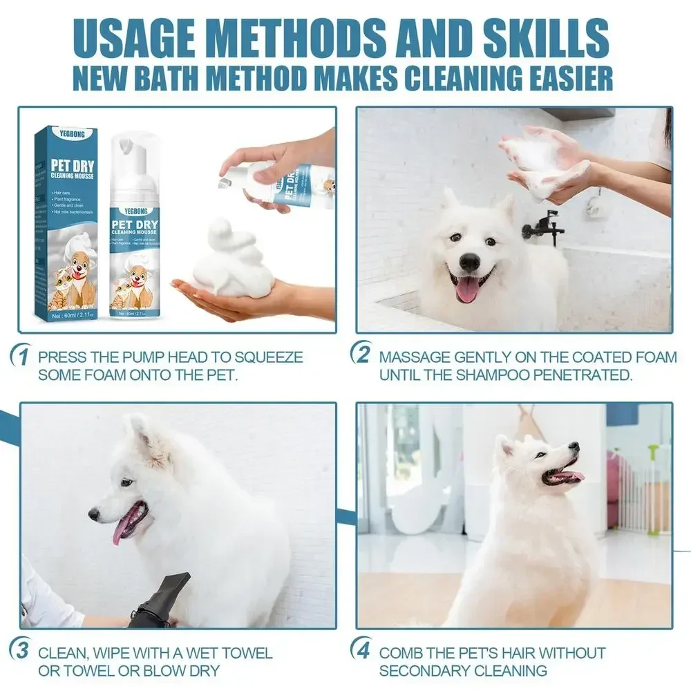 Waterless Cat Dog Shampoo No Rinse Dogs Cats Cleaning Mousse Pet Grooming Supplies for Safe Bathless Cleaning Odor Eliminator - Image 12