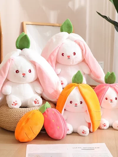 20-45cm New Strawberry Rabbit Plush Toys Kawaii Soft Bunny Hiding in Carrot Bag Stuffed Doll Novel Gifts for Children Room Decor