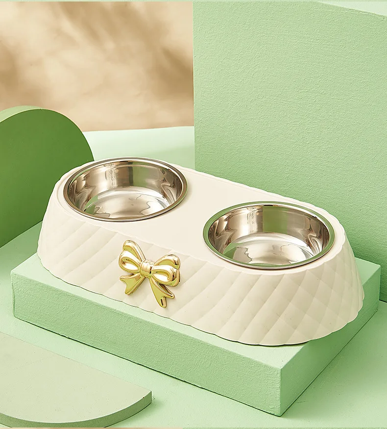 Pet Supplies Bow-tie Bowknot Cats Food Bowl PP Base Dog Bowl Stainless Steel Double Pet Accessories Feeding Drinking Double Bowl - Image 14