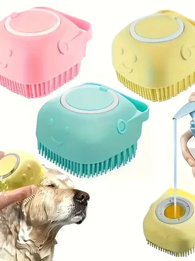 Pet Grooming Bath Massage Brush With Soap And Shampoo Dispenser, Soft Silicone Bristle For Long Short Haired Dogs Cats Shower