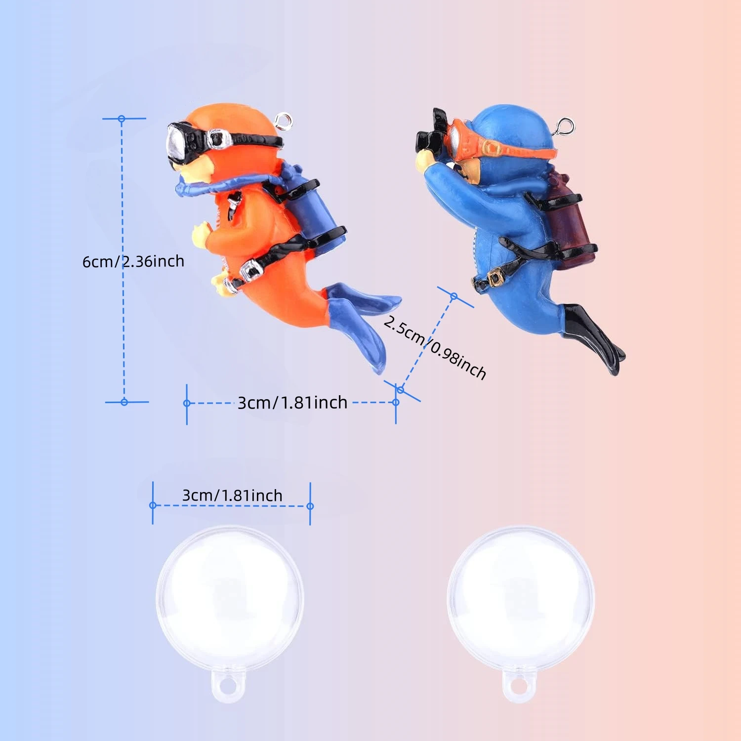 2 Pack Fish Tank Decorations, Cute Little Diver Ornament Floating Aquarium Accessories (Orange, Blue) - Image 3