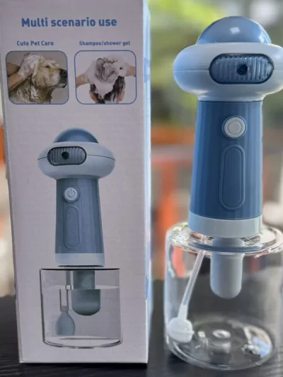 Pet shampoo foamer bubble maker for dogs and cats, used during bath time for creating foam with shampoo.