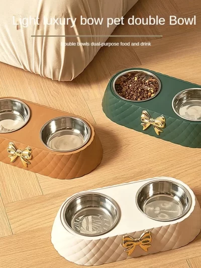 Pet Supplies Bow-tie Bowknot Cats Food Bowl PP Base Dog Bowl Stainless Steel Double Pet Accessories Feeding Drinking Double Bowl