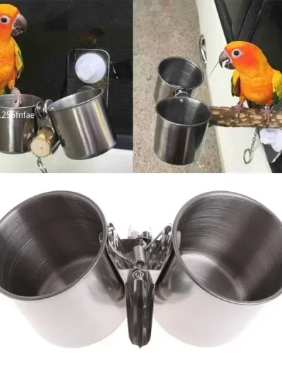 Bird Feeder Cup with Clamp Stainless Steel Feeding Dish Food & Water Bowl for Parrots African Greys Budgies Window Bird Feeder