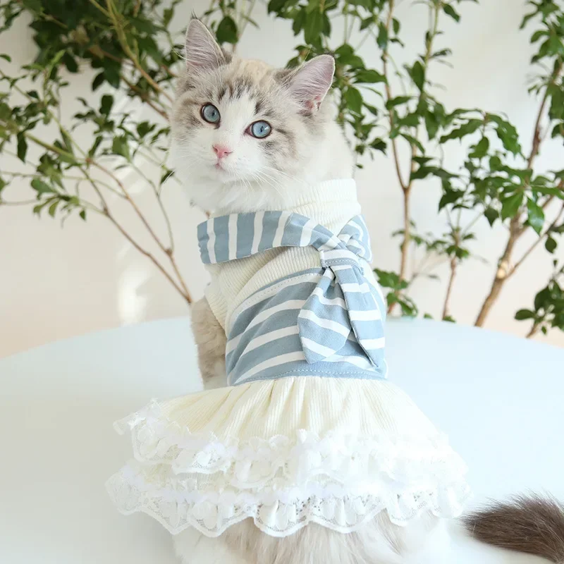 Scarf Striped Couple Suit Cat One-piece Dress Dogs Pet Clothes Dog Clothes for Small Dogs Supplies Dog Clothes - Image 3