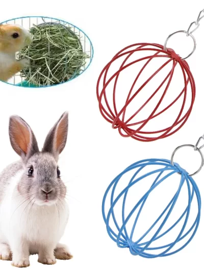 Pet Rabbit Hay Manger Food Feeder Small Metal Hamster Pet Hanging Grass Ball Rack Long Chain Round Rabbit Grass Feeding Balls