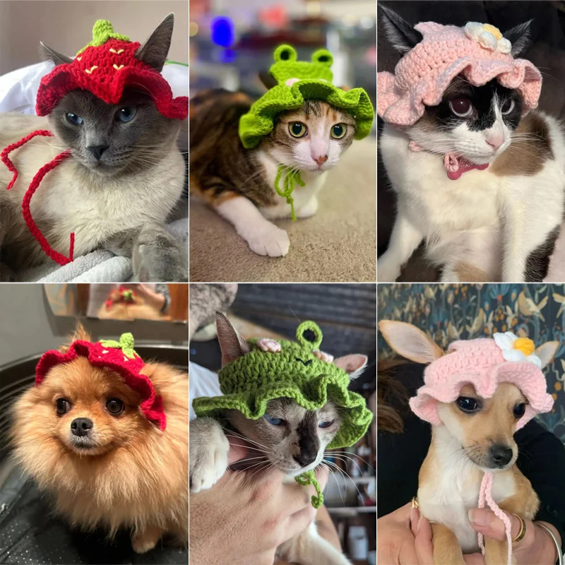Hand-made Cat Hat Elastic Woven Cap Pet Hat Puppy Kitten Headwear Knitted Hat Party Photo Shoot Props Decoration Cat Accessories - Image 12