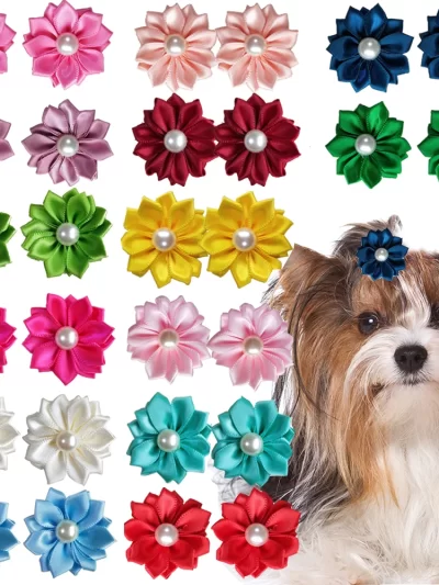 10/20PCS Flower Dog Hair Accessories Rubber Bands Dog Bows With Pearl Handmade Cute Dog Bowknots Pet Supplies For Small Dogs