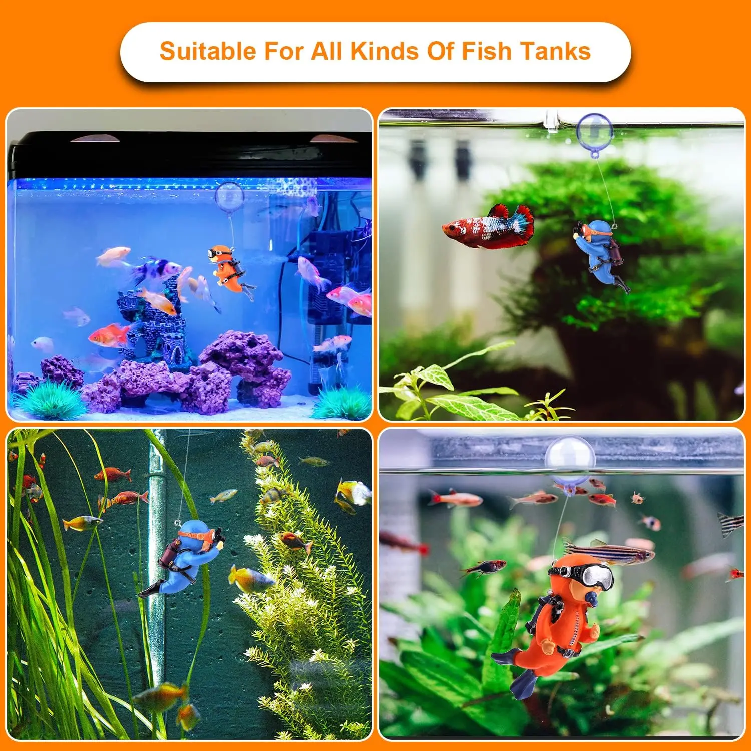 2 Pack Fish Tank Decorations, Cute Little Diver Ornament Floating Aquarium Accessories (Orange, Blue) - Image 4