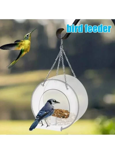 Hanging Window Wild Bird Feeder Clear Round Acrylic Feeding Station Outdoor Parrot Food Container