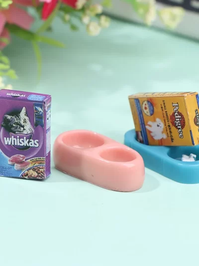 1/12 Dollhouse Miniature Pet Dog Cat Food with Bowl Kitchen Garden Decor Doll House Accessories