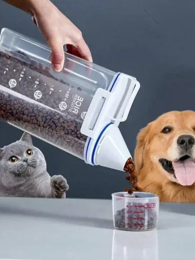 1.5kg/2kg Dog Cat Food Pail Plastic Storage Tank with Measuring Cup Container Moisture-proof Sealed Jar Pet Supplies Accessories