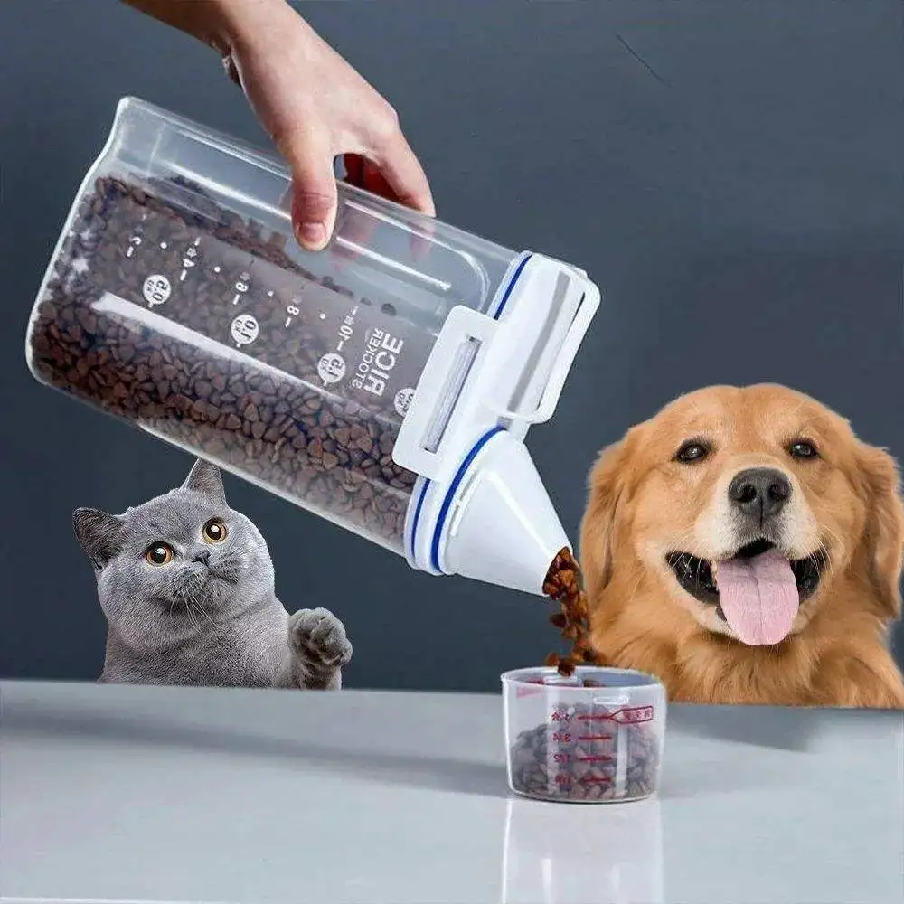 1.5kg/2kg Dog Cat Food Pail Plastic Storage Tank with Measuring Cup Container Moisture-proof Sealed Jar Pet Supplies Accessories