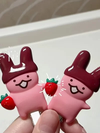 2 Strawberry Chocolate Rabbit Hair Clips - Cute Cartoon Free Child Design, Matching Chocolate Water Drops and Strawberry Patterns, Durable Plastic Hair Accessories for Daily Party Styling, Firm Fixing, Shiny Decorative Hair Clips