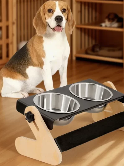 Iron and Wood Combination Dog Bowls for Medium Dogs Pets Food Bowl Stand with Stainless Steel Food Bowls for Cats & Dogs